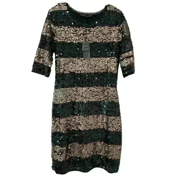 BCBGMAXAZRIA NWT Marta Black Gold Dress Size L Allover Sequin Striped Sheath - Picture 2 of 11